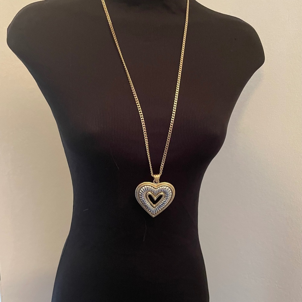 Vintage Gold Silver Tone Mixed Metal Large Heart Pendant Necklace Curb Chain